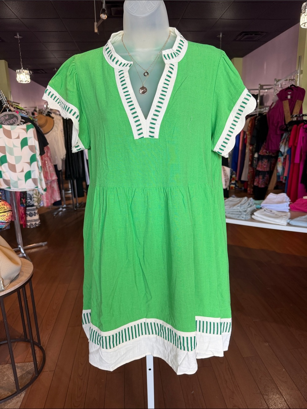 Green Short Sleeve Tunic Dress with White Trim